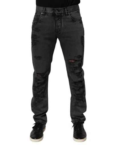 DOLCE & GABBANA BLACK TATTERED SKINNY COTTON MEN DENIM JEANS
