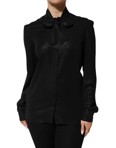 DOLCE & GABBANA BLACK VISCOSE LONG SLEEVE TIE NECK BLOUSE TOP