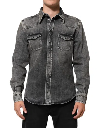 DOLCE & GABBANA BLACK WASHED COTTON SNAP LONG SLEEVE CASUAL SHIRT