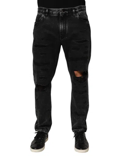 DOLCE & GABBANA BLACK WASHED RIPPED LOOSE COTTON DENIM JEANS