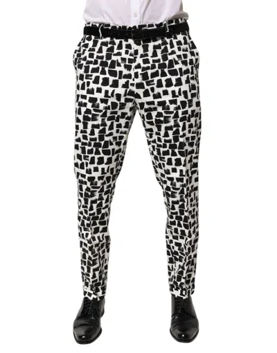 DOLCE & GABBANA BLACK WHITE ABSTRACT PRINT COTTON BLEND PANTS
