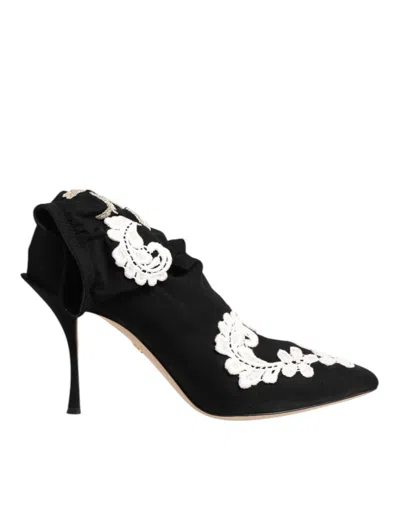 DOLCE & GABBANA BLACK WHITE EMBROIDERED JERSEY STILETTO BOOTS SHOES