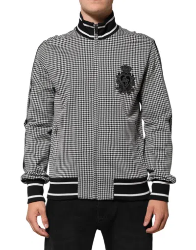 DOLCE & GABBANA BLACK WHITE HOUNDSTOOTH WOOL CREST JACKET SWEATER