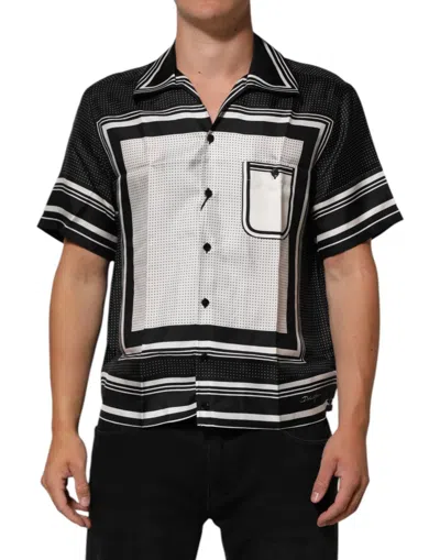 DOLCE & GABBANA BLACK WHITE STRIPEDOT PRINT CASUAL POLO SHIRT