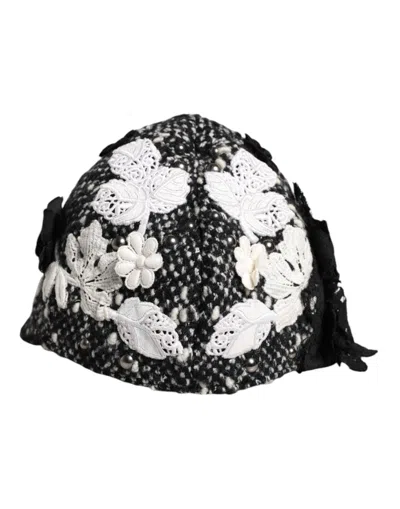 DOLCE & GABBANA BLACK WOOL WHITE FLORAL EMBELLISHED CLOCHE HAT