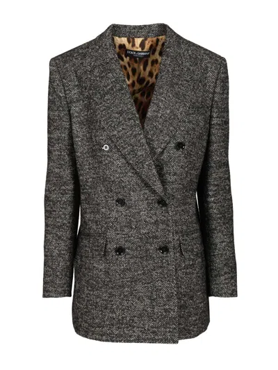 DOLCE & GABBANA BLAZER DOPPIO PETTO CHEVRON MISTO LANA JACKETS GREY