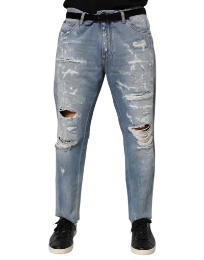 DOLCE & GABBANA BLUE DISTRESSED RIPPED DENIM PANTS JEANS