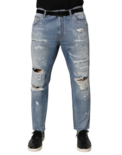 DOLCE & GABBANA BLUE DISTRESSED RIPPED DENIM TROUSER JEANS