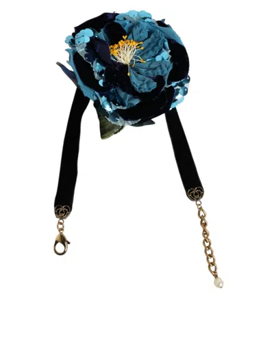 DOLCE & GABBANA BLUE FLORAL APPLIQUÉ VELVET CHOKER CRYSTAL BEADS NECKLACE