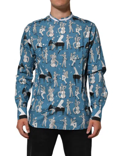 DOLCE & GABBANA BLUE JAZZ PRINTED COTTON BUTTON FRONT SHIRT