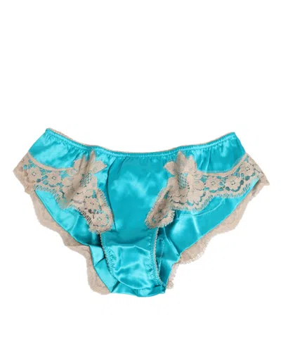 DOLCE & GABBANA BLUE SILK SATIN LACE TRIM NEW SLIP UNDERWEAR