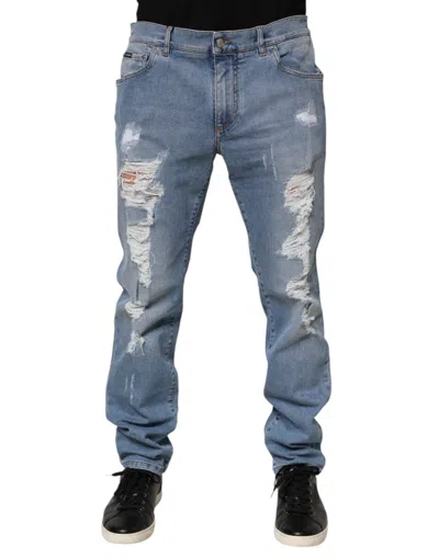 DOLCE & GABBANA BLUE TATTERED SLIM FIT COTTON DENIM JEANS