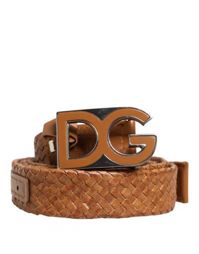 DOLCE & GABBANA BROWN BRAIDED METAL DG LOGO BUCKLE BELT