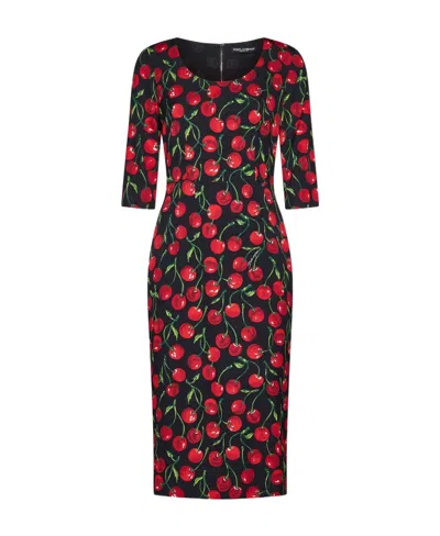 DOLCE & GABBANA DOLCE  GABBANA CHERRY PRINTED SCOOP NECK MIDI DRESS