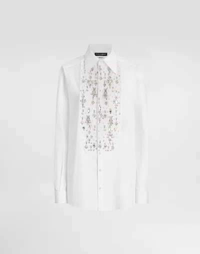 DOLCE & GABBANA COTTON TUXEDO SHIRT WITH RHINESTONE-EMBROIDERED SHIRT FRONT