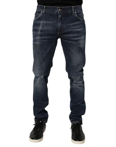 DOLCE & GABBANA DARK BLUE WASHED RUNNING RIPPED DENIM JEANS
