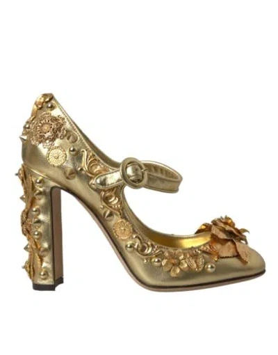 DOLCE & GABBANA DOLCE&GABBAN WOMEN GOLD PUMPS LEATHER BLOCK HIGH HEEL MARY JANE SHOES SIZE EU 36