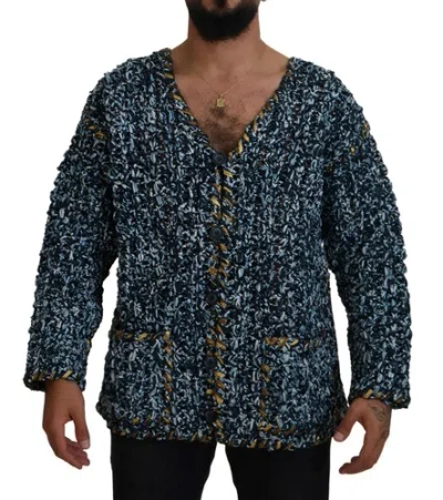 DOLCE & GABBANA DOLCE&GABBANA FATTO A MANO MEN BLUE CARDIGAN POLYESTER KNITTED V-NECK SWEATER