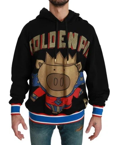 DOLCE & GABBANA DOLCE&GABBANA MEN BLACK SWEATER COTTON SUPER PIG CROWN PRINT HOODED SWEATSHIRT