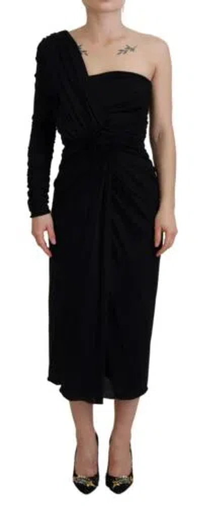 DOLCE & GABBANA DOLCE&GABBANA WOMEN BLACK DRESS 100% WOOL SOLID ONE SHOULDER SHEATH BODYCON WRAP