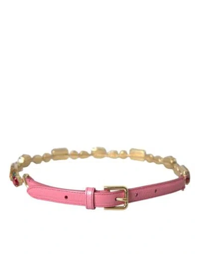 DOLCE & GABBANA DOLCE&GABBANA WOMEN PINK WAIST BELT LEATHER BRASS CRYSTAL EMBROIDERY CHAIN STRAP