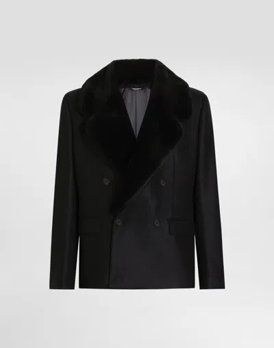 DOLCE & GABBANA DOUBLE-BREASTED JACKET WITH FUR-EFFECT COLLAR