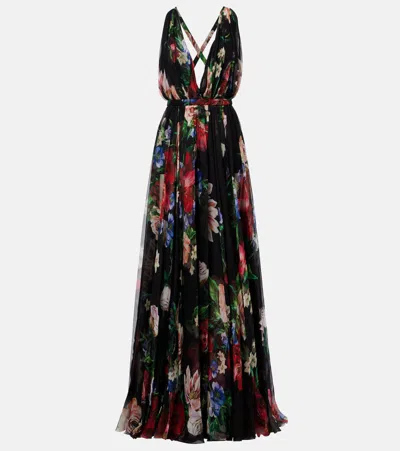 DOLCE & GABBANA FLORAL PLEATED SILK CHIFFON GOWN