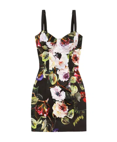DOLCE & GABBANA DOLCE  GABBANA ROSE GARDEN PRINTED SHORT SATIN CORSET DRESS
