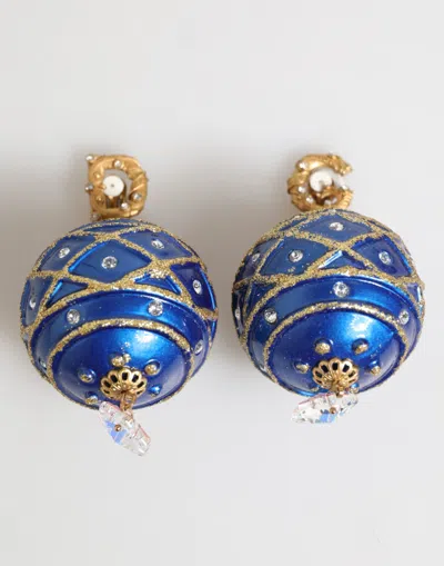 DOLCE & GABBANA GOLD BRASS BLUE CHRISTMAS BALL CRYSTAL DROP CLIP ON EARRINGS