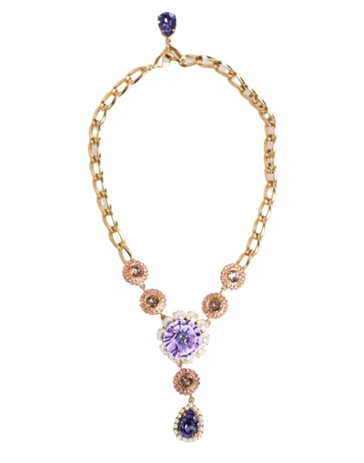 DOLCE & GABBANA GOLD BRASS CRYSTAL PEARL PURPLE FLORAL PENDANT JEWELRY NECKLACE
