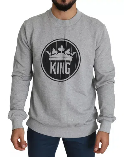 DOLCE & GABBANA GRAY CROWN KING PRINT COTTON PULLOVER SWEATER