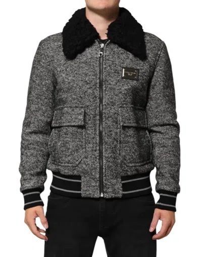 DOLCE & GABBANA GRAY WOOL HERRINGBONE SHEARLING COLLAR BOMBER JACKET