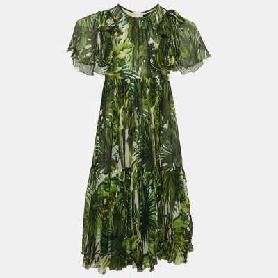 DOLCE & GABBANA GREEN TROPICAL PRINT SILK FLOUNCE DRESS 7/8 YRS