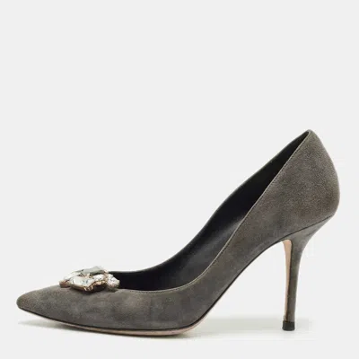 DOLCE & GABBANA GREY SUEDE CRYSTAL EMBELLISHED POINTED TOE PUMPS SIZE 40