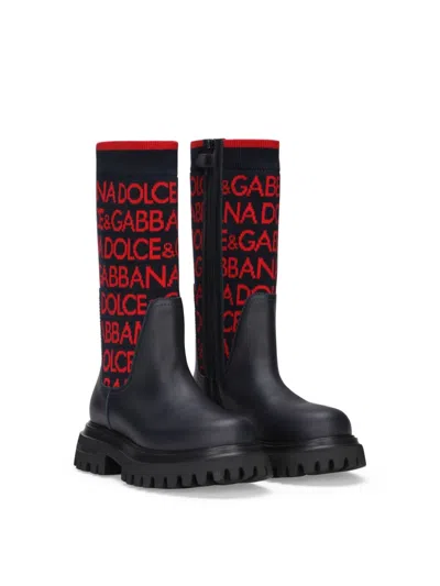 DOLCE & GABBANA INTARSIA-KNIT LOGO BOOTS