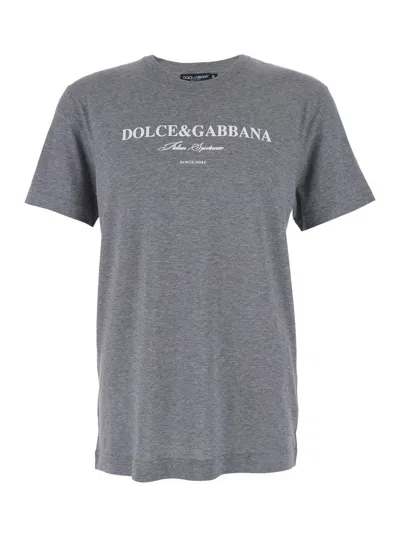 DOLCE & GABBANA DOLCE & GABBANA MEN GREY CREWNECK T-SHIRT WITH LOGO LETTERING PRINT ON THE FRONT IN COTTON MAN