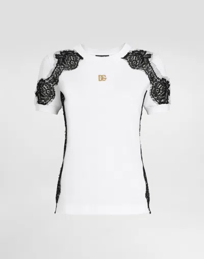 DOLCE & GABBANA JERSEY T-SHIRT WITH DG LOGO AND LACE DETAILS