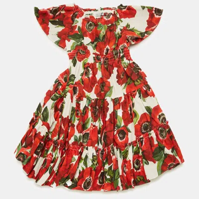 DOLCE & GABBANA KIDS RED FLORAL PRINT POPLIN TIERED DRESS 24-30M
