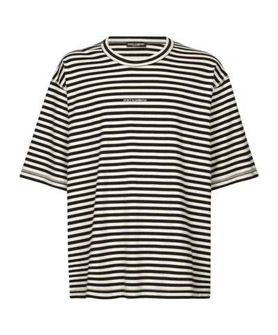 DOLCE & GABBANA DOLCE  GABBANA LOGO-EMBROIDERED STRIPED CREWNECK T-SHIRT