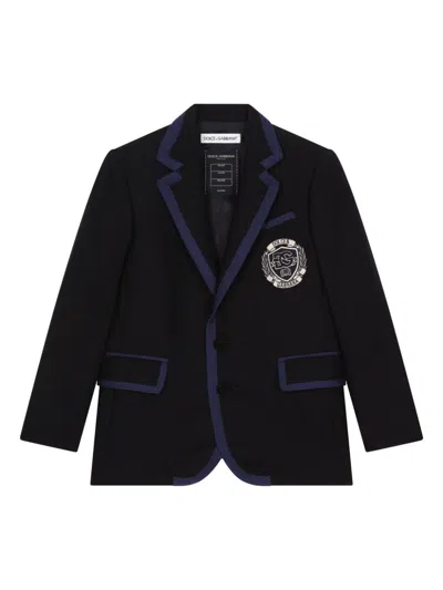 DOLCE & GABBANA LOGO-PATCH CONTRAST-BORDER WOOL BLAZER