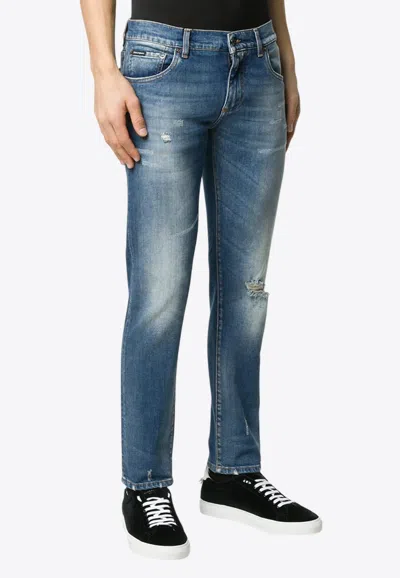 DOLCE & GABBANA LOGO PATCH DISTRESSED FADED JEANS