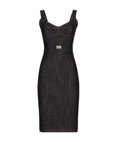 DOLCE & GABBANA DOLCE  GABBANA LOGO-PLAQUE SLEEVELESS MIDI DENIM DRESS