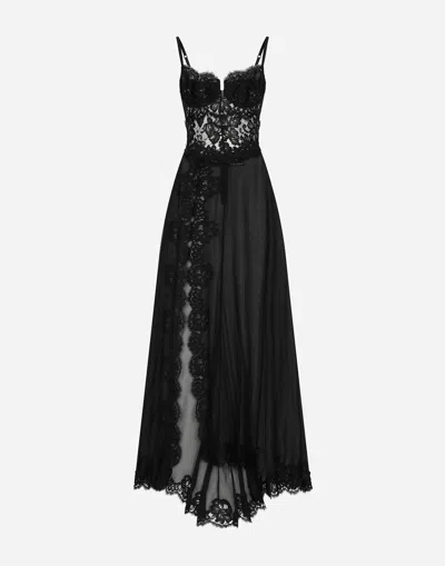 DOLCE & GABBANA LONG SILK CHIFFON AND CHANTILLY LACE SLIP DRESS