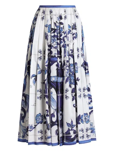 DOLCE & GABBANA MAJOLICA-PRINT LONG COTTON SATIN SKIRT