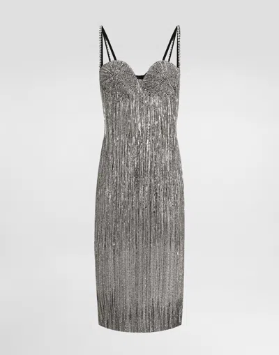 DOLCE & GABBANA MARQUISETTE CALF-LENGTH DRESS WITH SEQUINED FRINGING