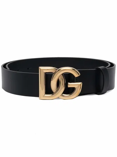 DOLCE & GABBANA DOLCE & GABBANA MEN LUX LEATHER BELT WITH CROSSOVER DG LOGO BUCKLE