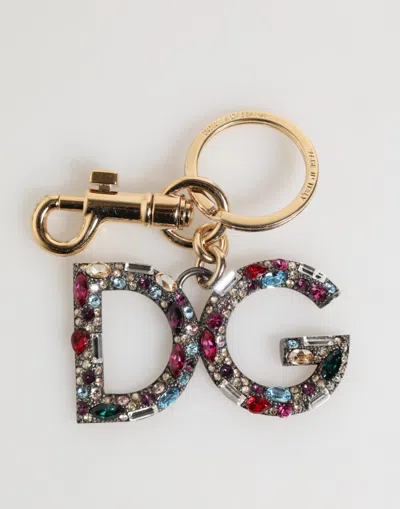 DOLCE & GABBANA MULTICOLOR CRYSTAL DG LOGO GOLD KEYCHAIN CHARM KEYRING