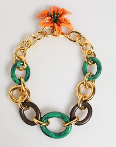 DOLCE & GABBANA MULTICOLOR GOLD BRASS TIGER LILY FLORAL CHAI NECKLACE