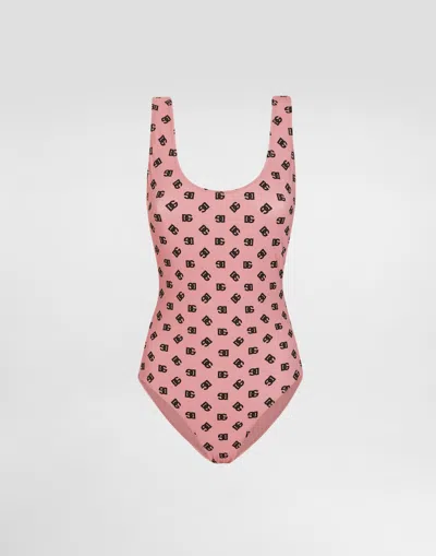 DOLCE & GABBANA ONE-PIECE RACING SWIMSUIT WITH ALL-OVER DG LOGO PRINT