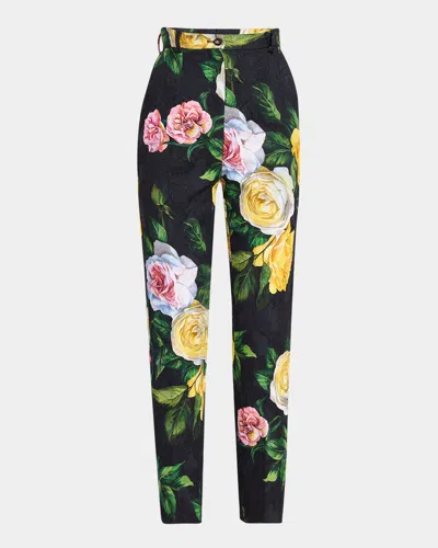 DOLCE & GABBANA PEONY ROSE BROCADE SLIM-LEG ANKLE PANTS